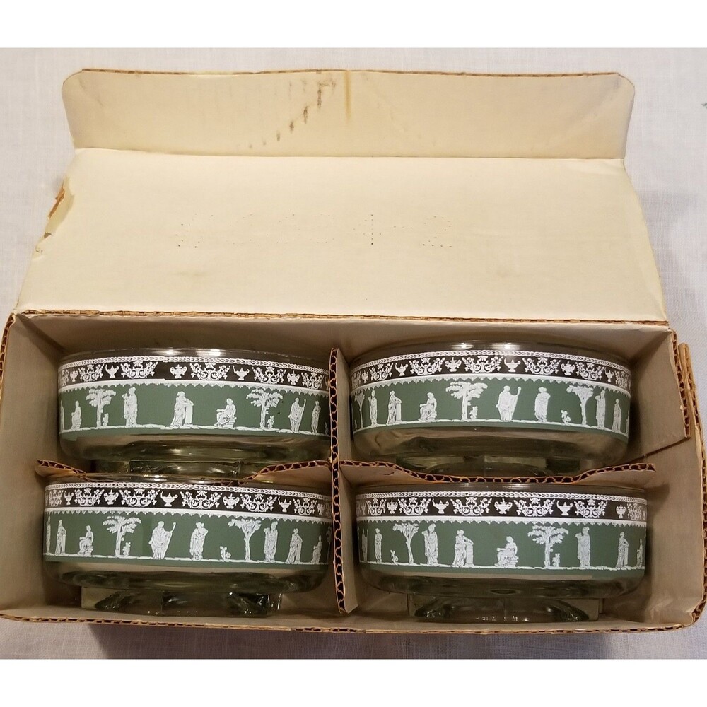 Vintage Jeannette Glass Green Hellenic Grecian Motif Fruit / Salad Bowl set of 4